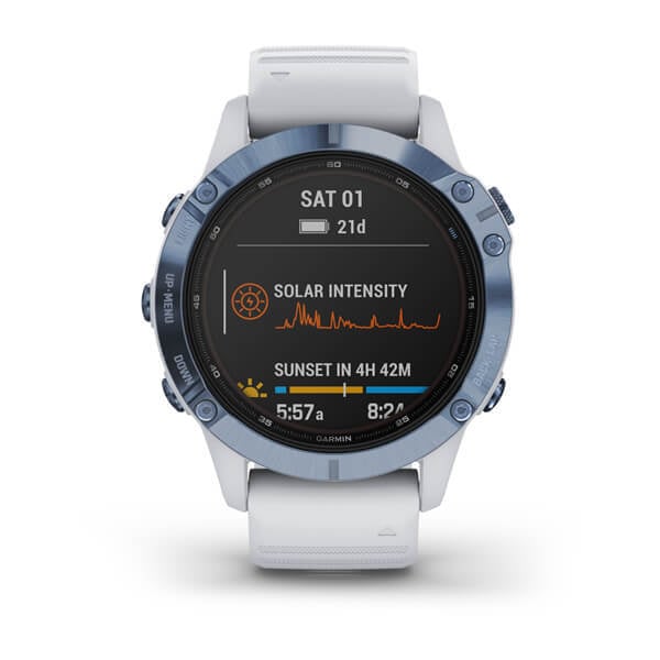 Garmin Fenix 6 Pro Solar Mineral Mavisi Titanyum Multispor GPS Akıllı Saat - Beyaz Kayış