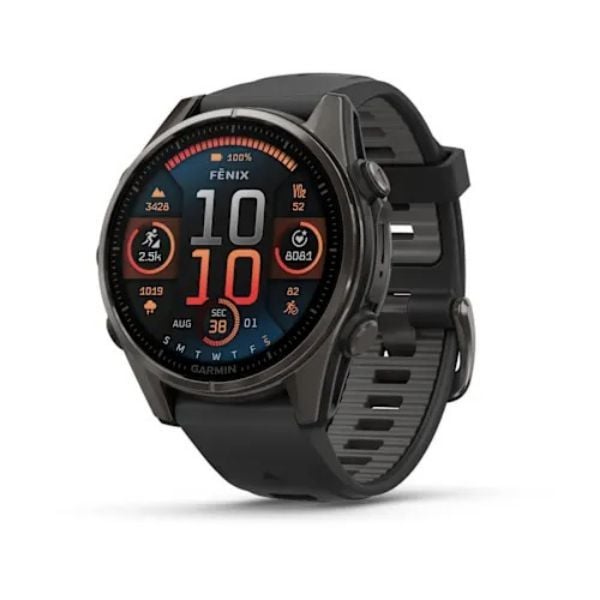 Garmin Fenix 8 - 43 mm, AMOLED - Sapphire, Karbon gri DLC titanyum, Siyah/Gri Silikon Kayışlı