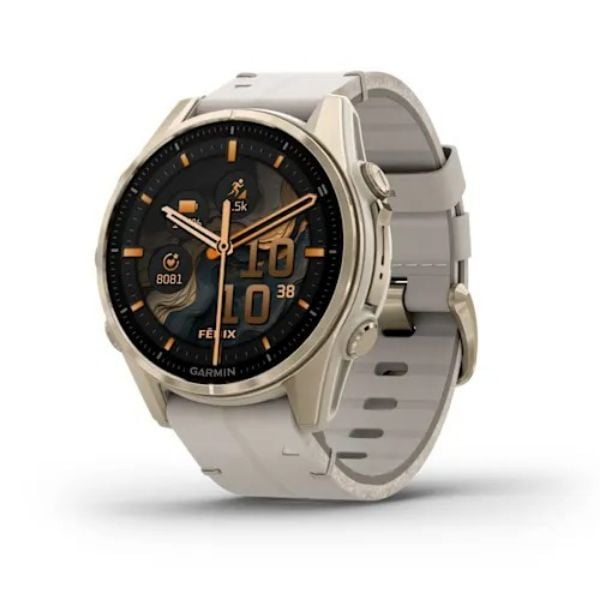 Garmin Fenix 8 - 43mm, AMOLED - Sapphire, Soft Gold ve Kireçtaşı Deri Kayışlı
